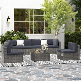 7 Pieces Outdoor Patio Furniture Sets with Glass Tea Table, PE Rattan Wicker Patio Conversation Set with Washable Cushions, Outdoor Patio Sectional Sofa Couch, Grey