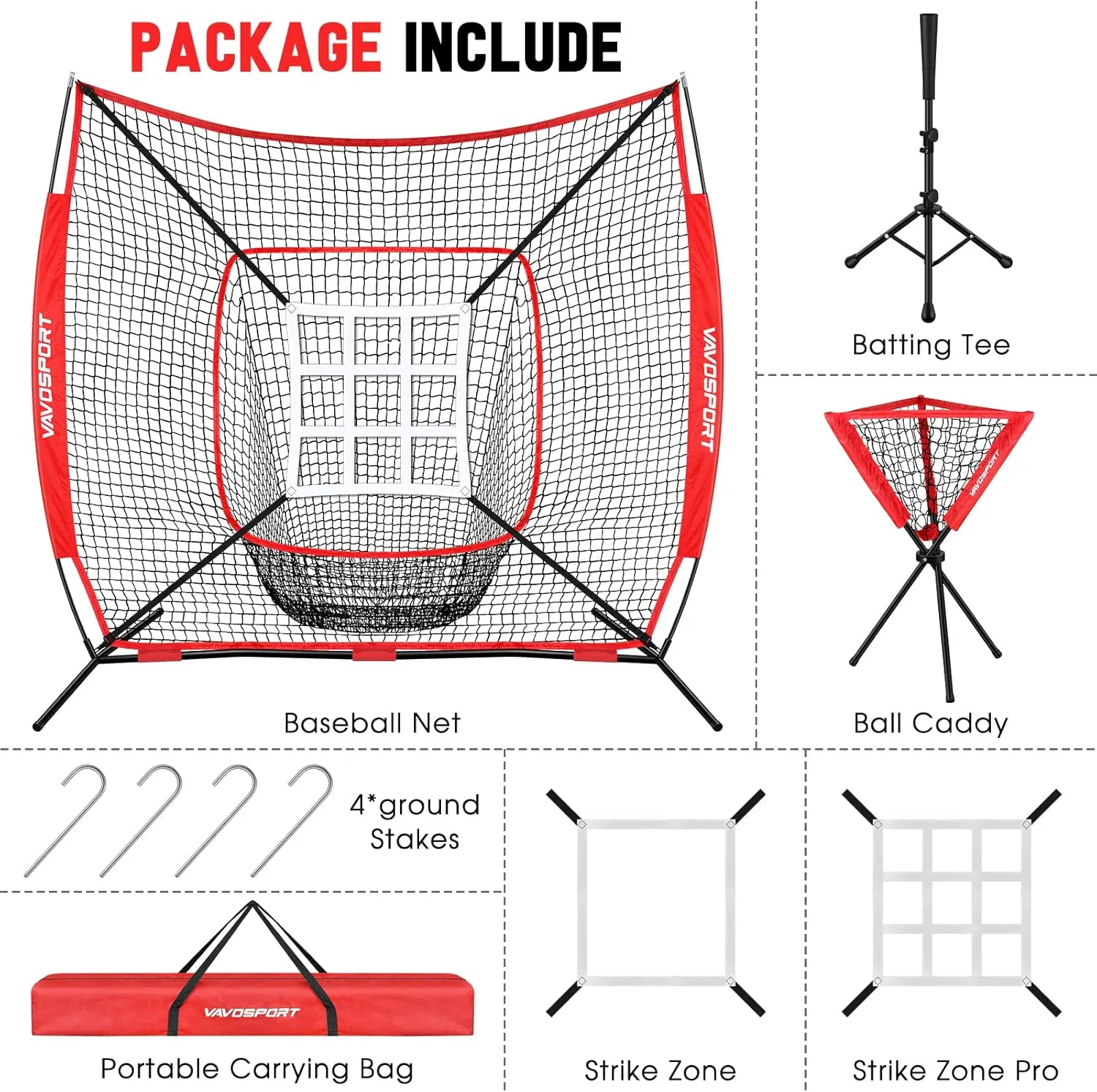 7x7' Baseball Net Set - Portable Softball & Baseball Net, Batting Tee, Ball Caddy, Strike Zone, Training Equipment for Youth Practice