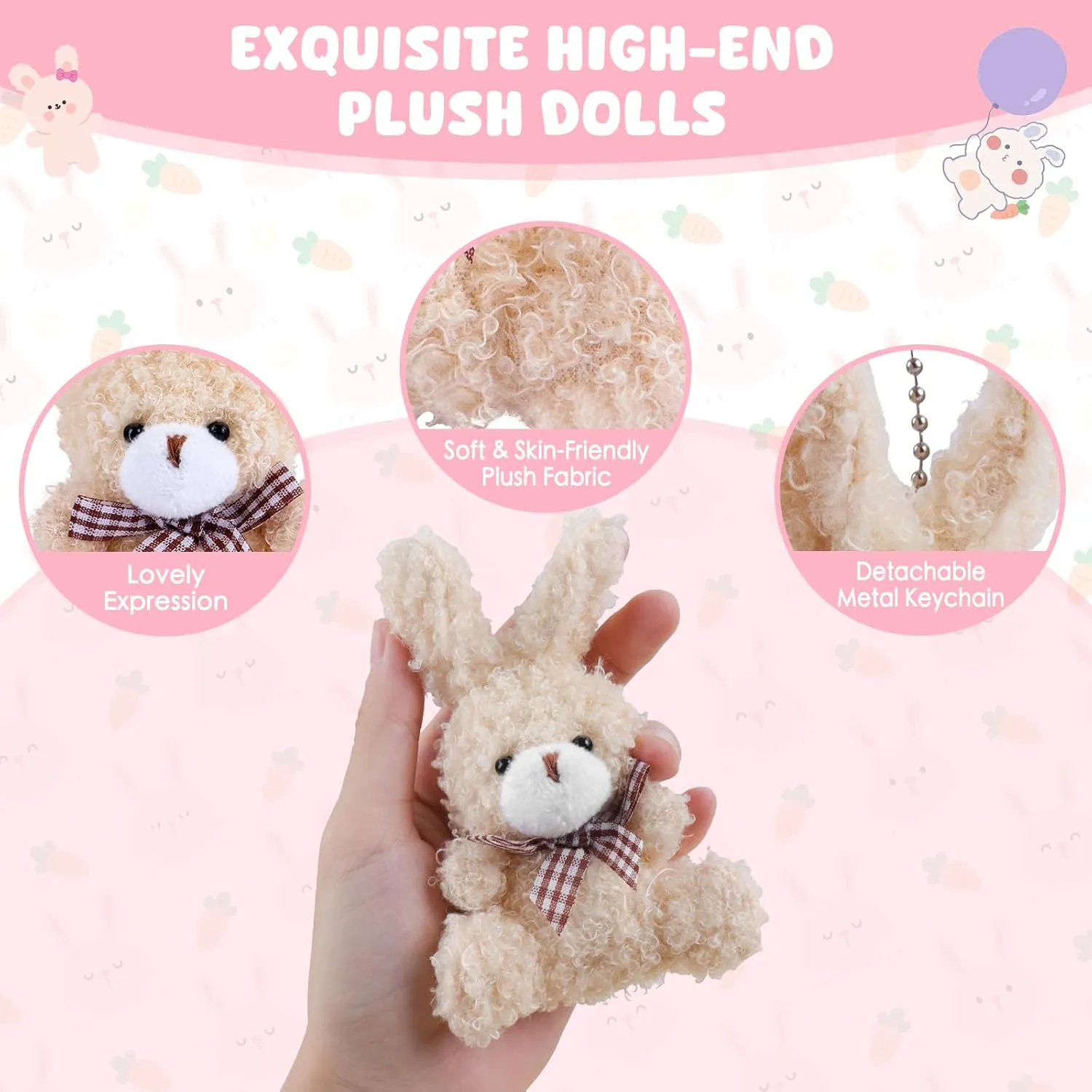 8 Pcs Mini Plush Bunny, 4.72 Inch Stuffed Bunny Doll Gift, Bulk Tiny Soft Animals Toys with Bow Tie for Graduation Birthday Baby Shower Favors Wedding Party Keychain Bag Charm
