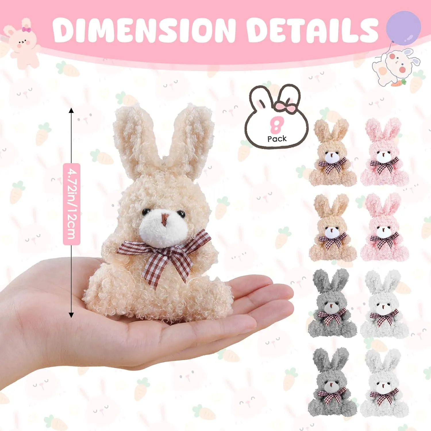 8 Pcs Mini Plush Bunny, 4.72 Inch Stuffed Bunny Doll Gift, Bulk Tiny Soft Animals Toys with Bow Tie for Graduation Birthday Baby Shower Favors Wedding Party Keychain Bag Charm