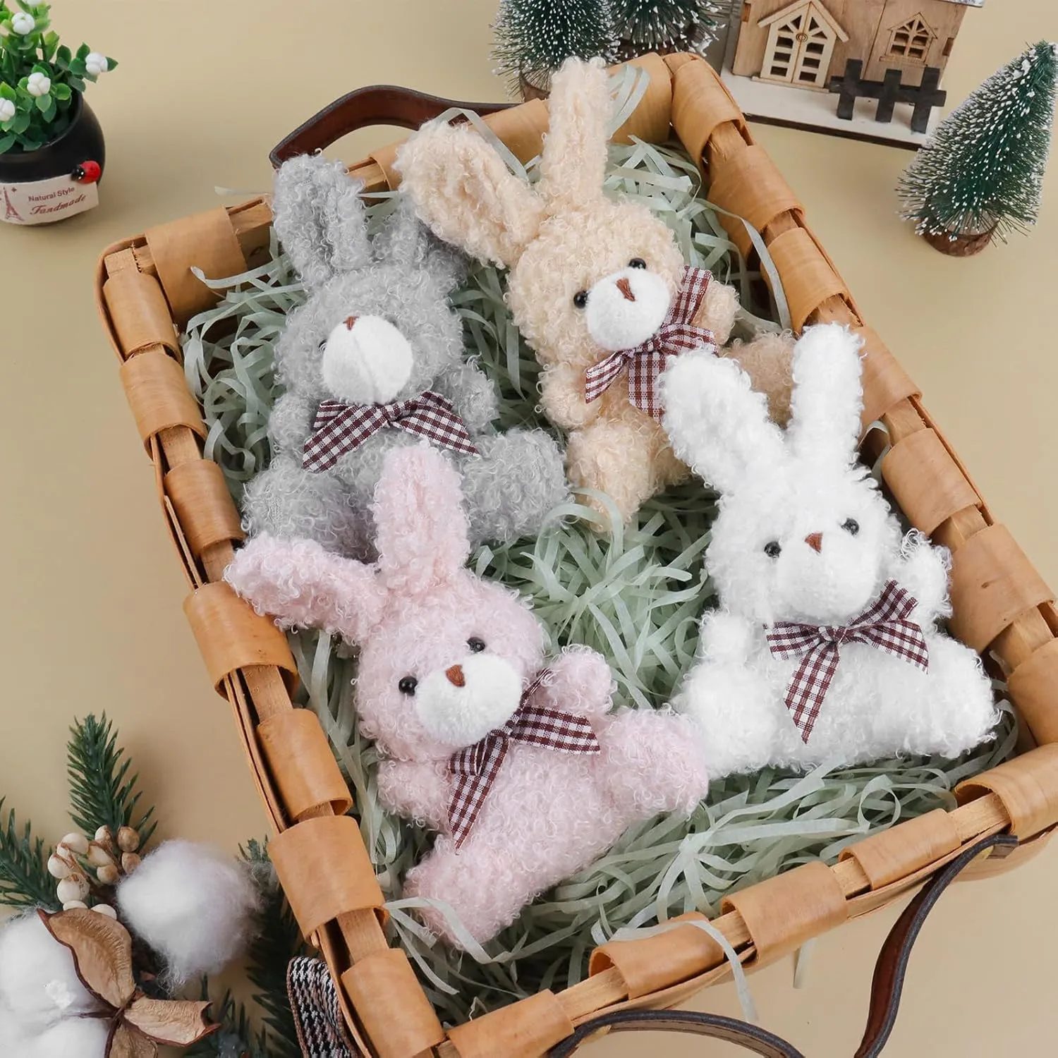8 Pcs Mini Plush Bunny, 4.72 Inch Stuffed Bunny Doll Gift, Bulk Tiny Soft Animals Toys with Bow Tie for Graduation Birthday Baby Shower Favors Wedding Party Keychain Bag Charm