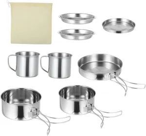 8-Piece Stainless Steel Camping Cookware Set for 5-6 People Portable Hiking BBQ Pot Outdoor Cooking Gadgets