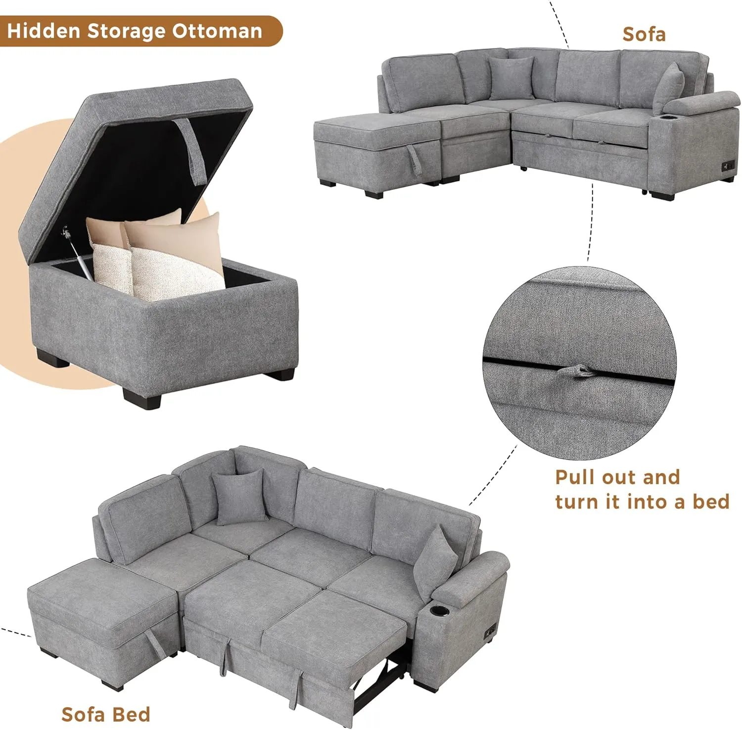 87.4" Sleeper Sofa Bed,2 in 1 Pull Out Sofa Bed L Shape Couch with Storage Ottoman for Living Room,Bedroom Couch and Small Apartment，Gray