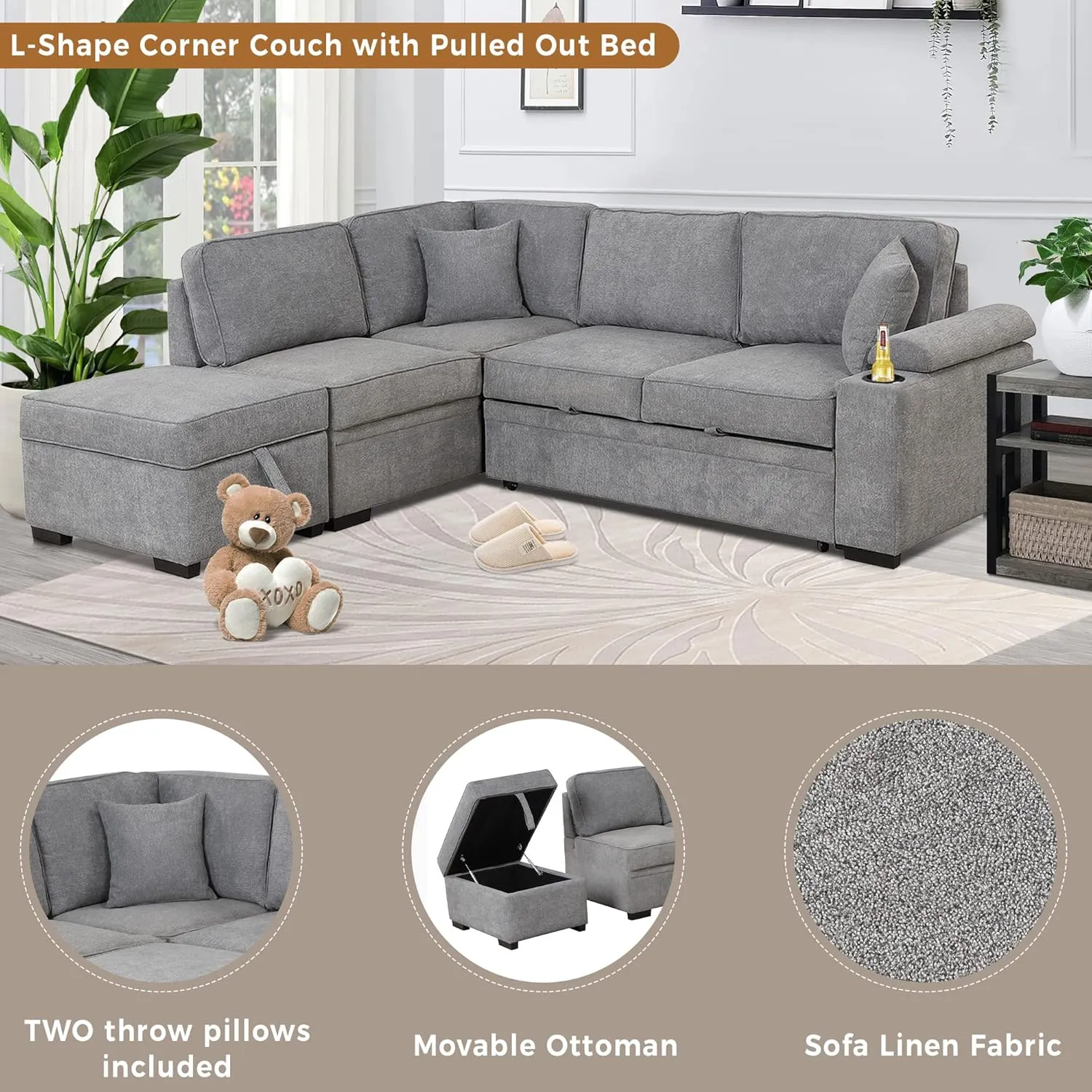 87.4" Sleeper Sofa Bed,2 in 1 Pull Out Sofa Bed L Shape Couch with Storage Ottoman for Living Room,Bedroom Couch and Small Apartment，Gray