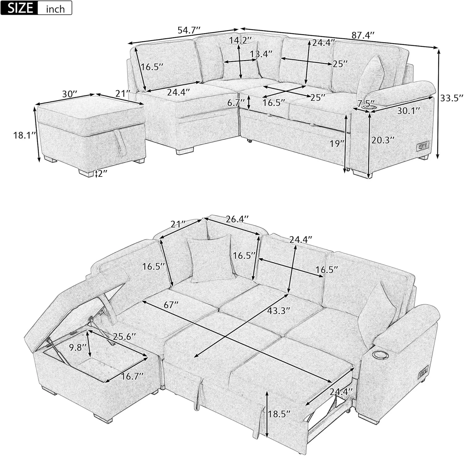 87.4" Sleeper Sofa Bed,2 in 1 Pull Out Sofa Bed L Shape Couch with Storage Ottoman for Living Room,Bedroom Couch and Small Apartment，Gray