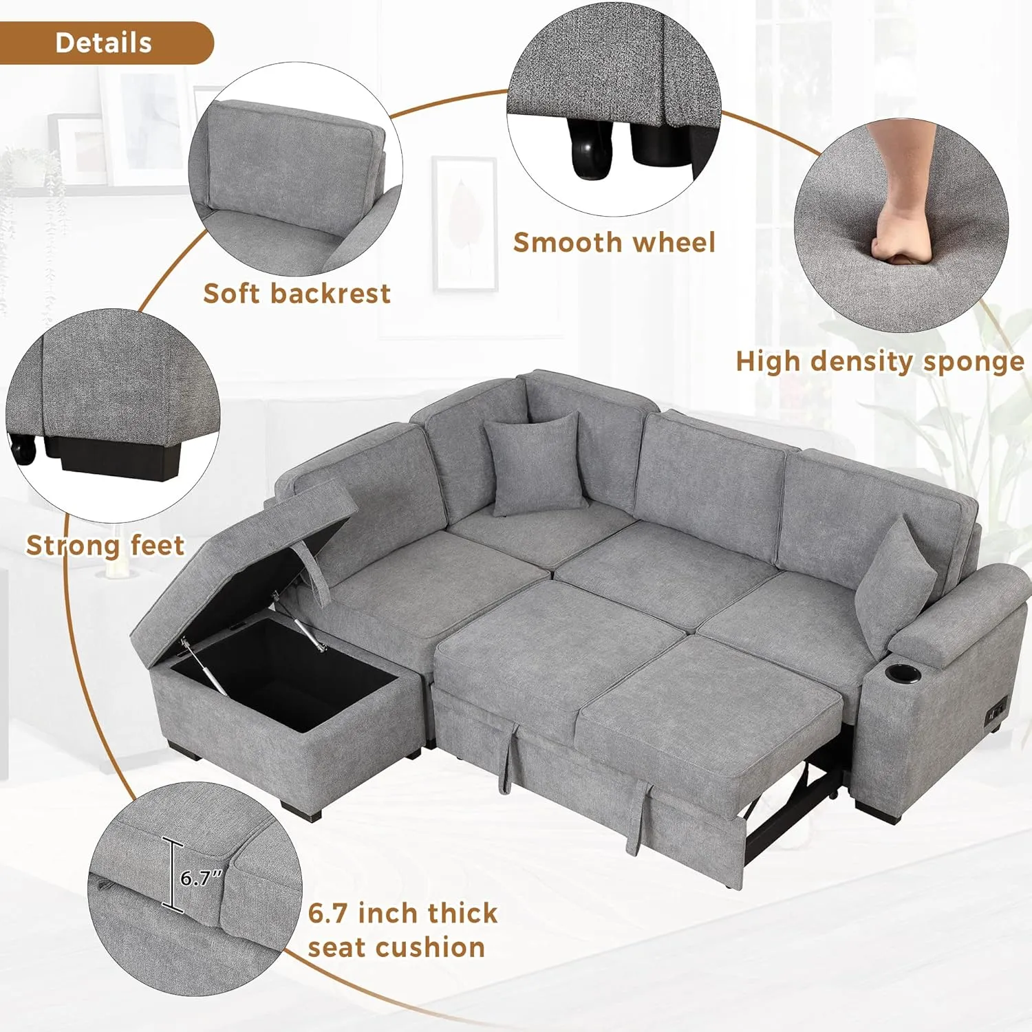 87.4" Sleeper Sofa Bed,2 in 1 Pull Out Sofa Bed L Shape Couch with Storage Ottoman for Living Room,Bedroom Couch and Small Apartment，Gray
