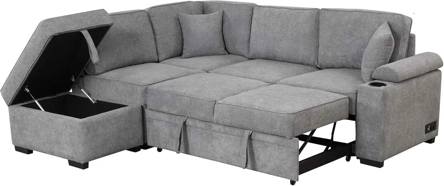 87.4" Sleeper Sofa Bed,2 in 1 Pull Out Sofa Bed L Shape Couch with Storage Ottoman for Living Room,Bedroom Couch and Small Apartment，Gray