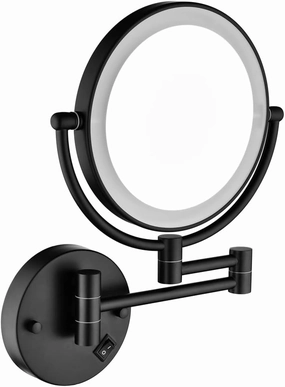8 Inch LED Wall Mount Two-Sided Magnifying Makeup Vanity Mirror, 12 Inch Extension, 1X/3X Magnification, Matte Black, 360 Degree Rotation