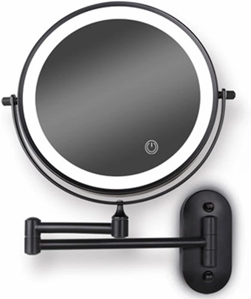 8" LED Wall Mounted Makeup Mirror Black, Upgrade Auto Off LED Shaving Mirror Touch Screen Adjustable Light Double Sided 1X/5X Magnifying Powered by 4 x AAA Batteries (Not Included) 1X/5X