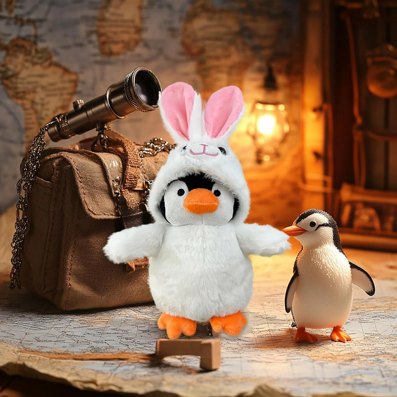 9 Inch Plush Penguin Toy with Rabbit Hat - Soft Stuffed Animal Gift for Kids, Birthday & Christmas Cute Collectible Plush (White Rabbit Hat)