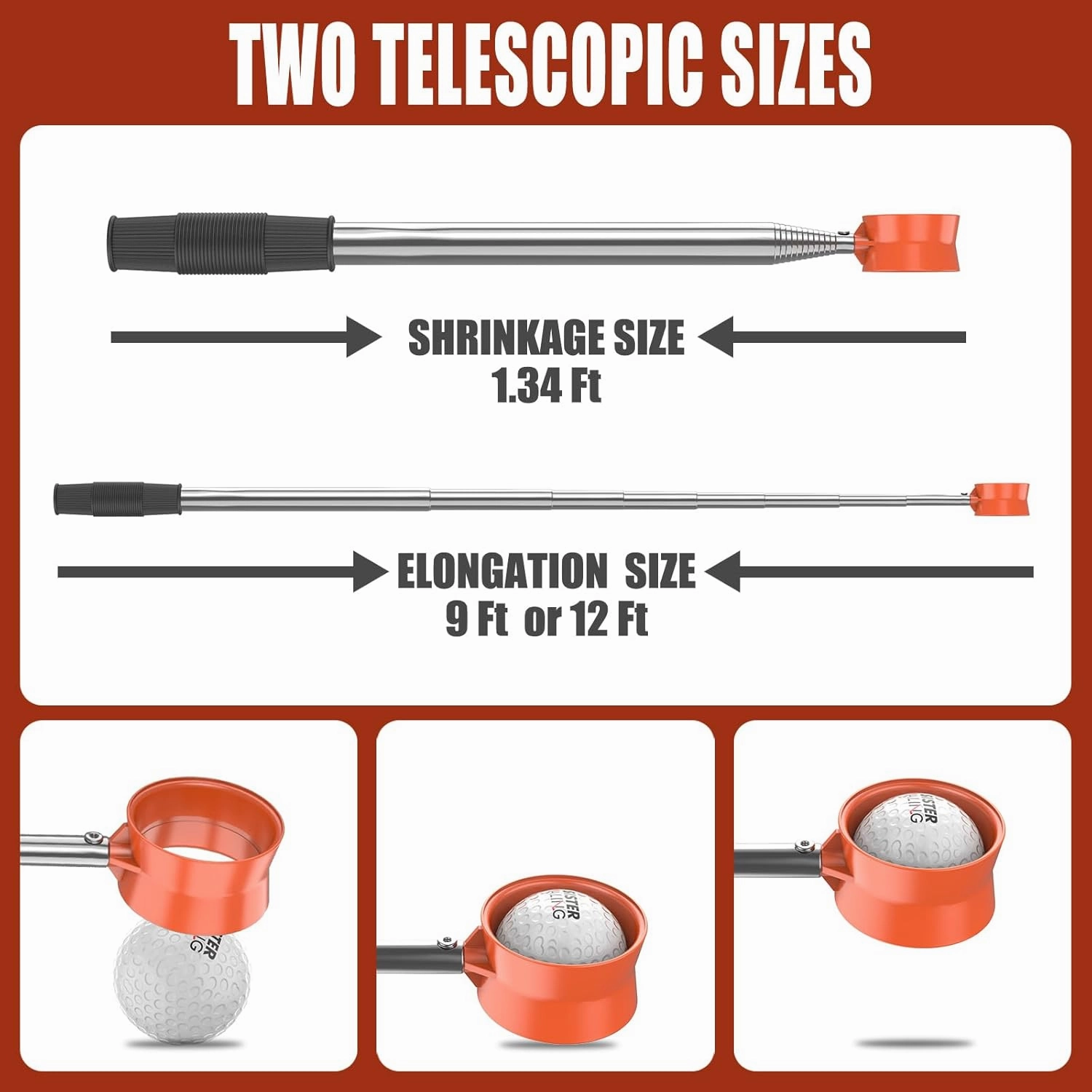 9ft/12ft Water Telescopic Golf Ball Retriever，Classic and Durable Stainless Steel Picker Upper, The Best Accessory Gift for Men and Women Golfers.