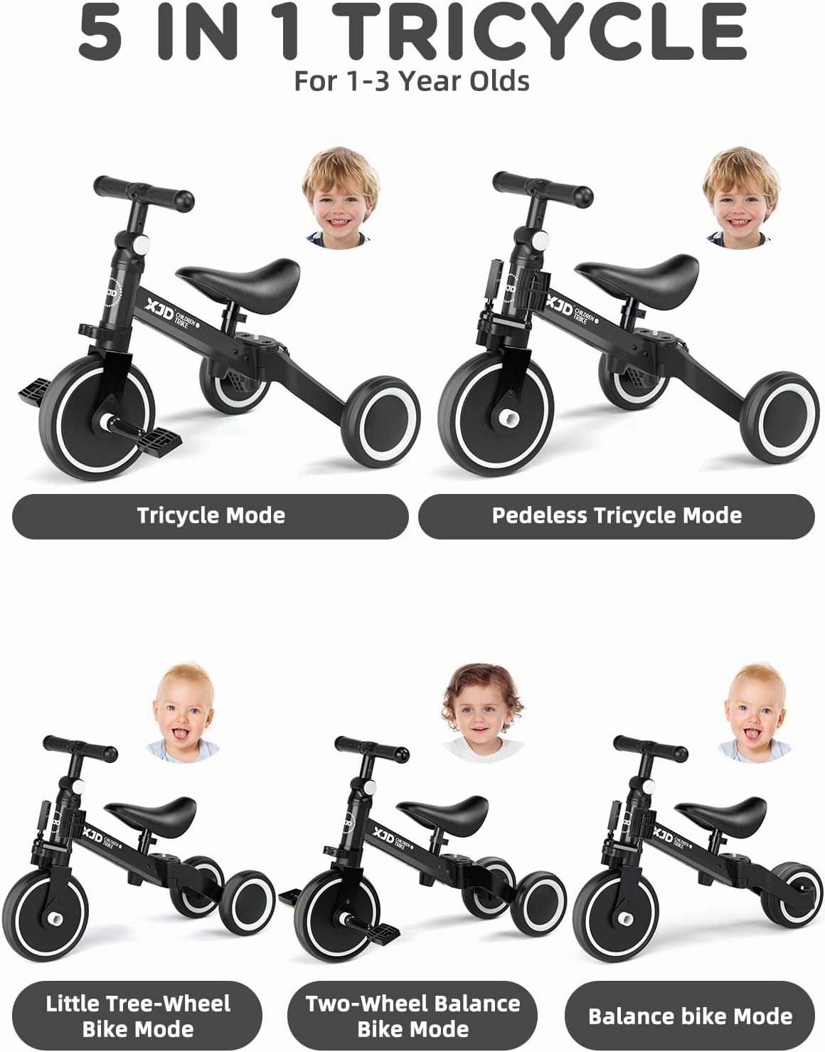 ﻿XJD 5 in 1 Toddler Bike, Tricycle for Toddlers 1-3 with Adjustable Seat Height, Removable Pedals, Ideal Balance Bike Birthday Gifts and Toys for Boys and Girls