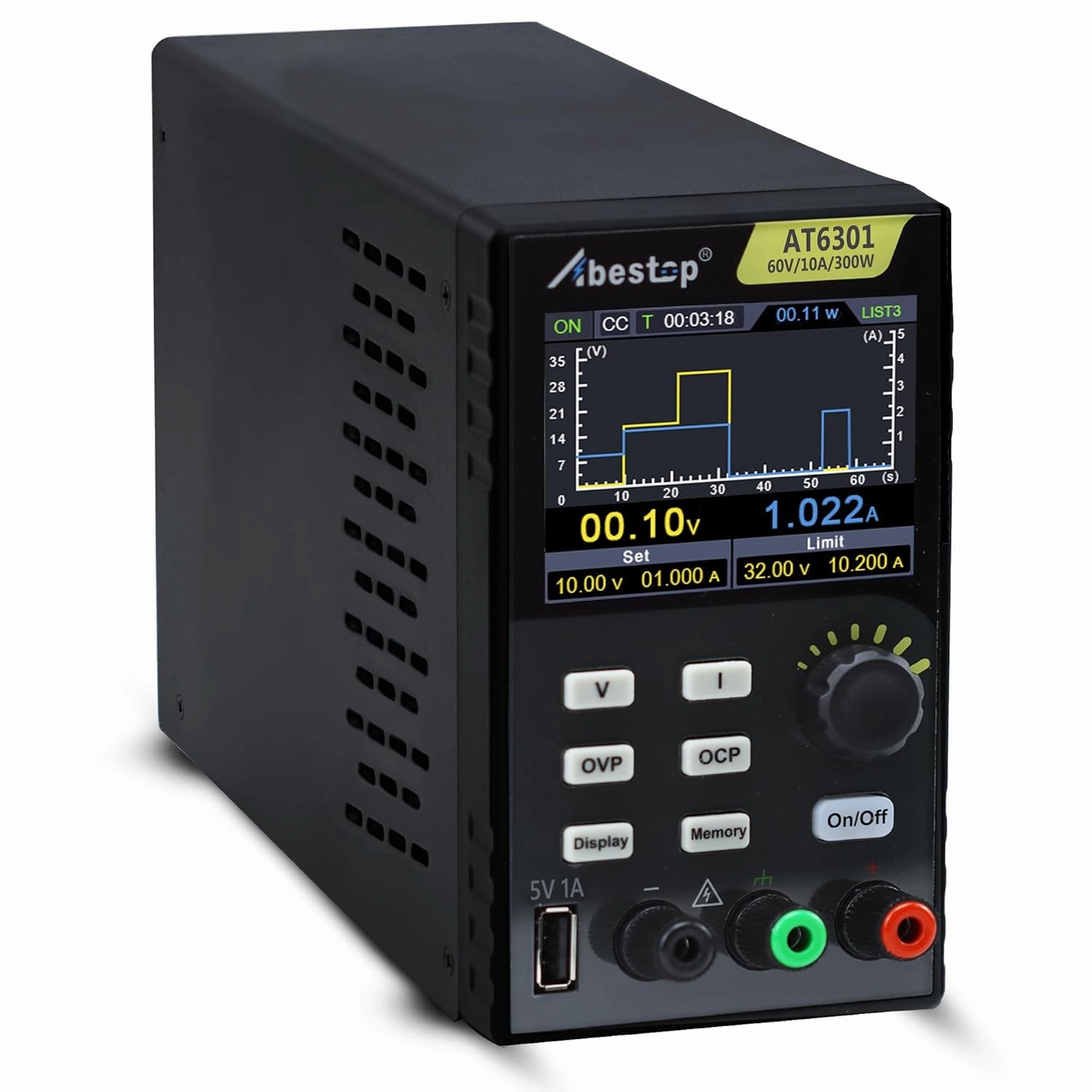 Abestop AT6301 DC Power Supply Variable, 60V/10A/300W Adjustable Bench Power Supply with 10mV / 1mA High Resolution 4-Digits 2.8 inch LCD Display, 5V/1A USB Output(110V Input Voltage)