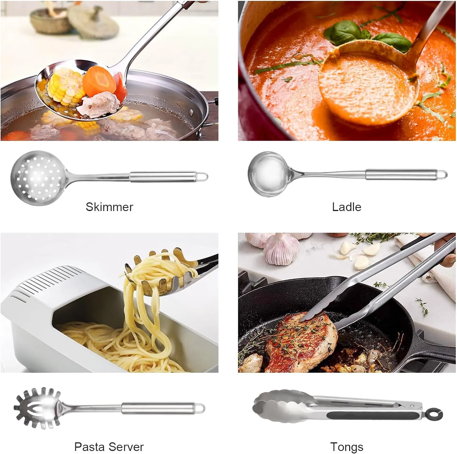 Abodpove Stainless Steel Cooking Utensils Set - 11pcs Kitchen Utensils Set with Holder for Cooking, Stainless Steel Utensils Set with Potato Masher, Skimmer, Spoons, Turners, Whisk, Tongs