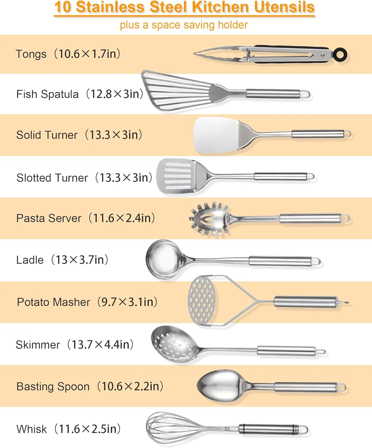 Abodpove Stainless Steel Cooking Utensils Set - 11pcs Kitchen Utensils Set with Holder for Cooking, Stainless Steel Utensils Set with Potato Masher, Skimmer, Spoons, Turners, Whisk, Tongs
