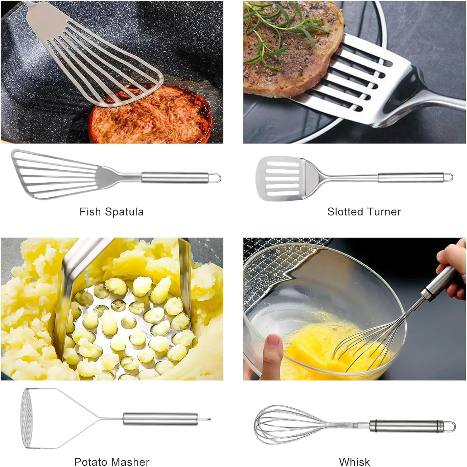 Abodpove Stainless Steel Cooking Utensils Set - 11pcs Kitchen Utensils Set with Holder for Cooking, Stainless Steel Utensils Set with Potato Masher, Skimmer, Spoons, Turners, Whisk, Tongs