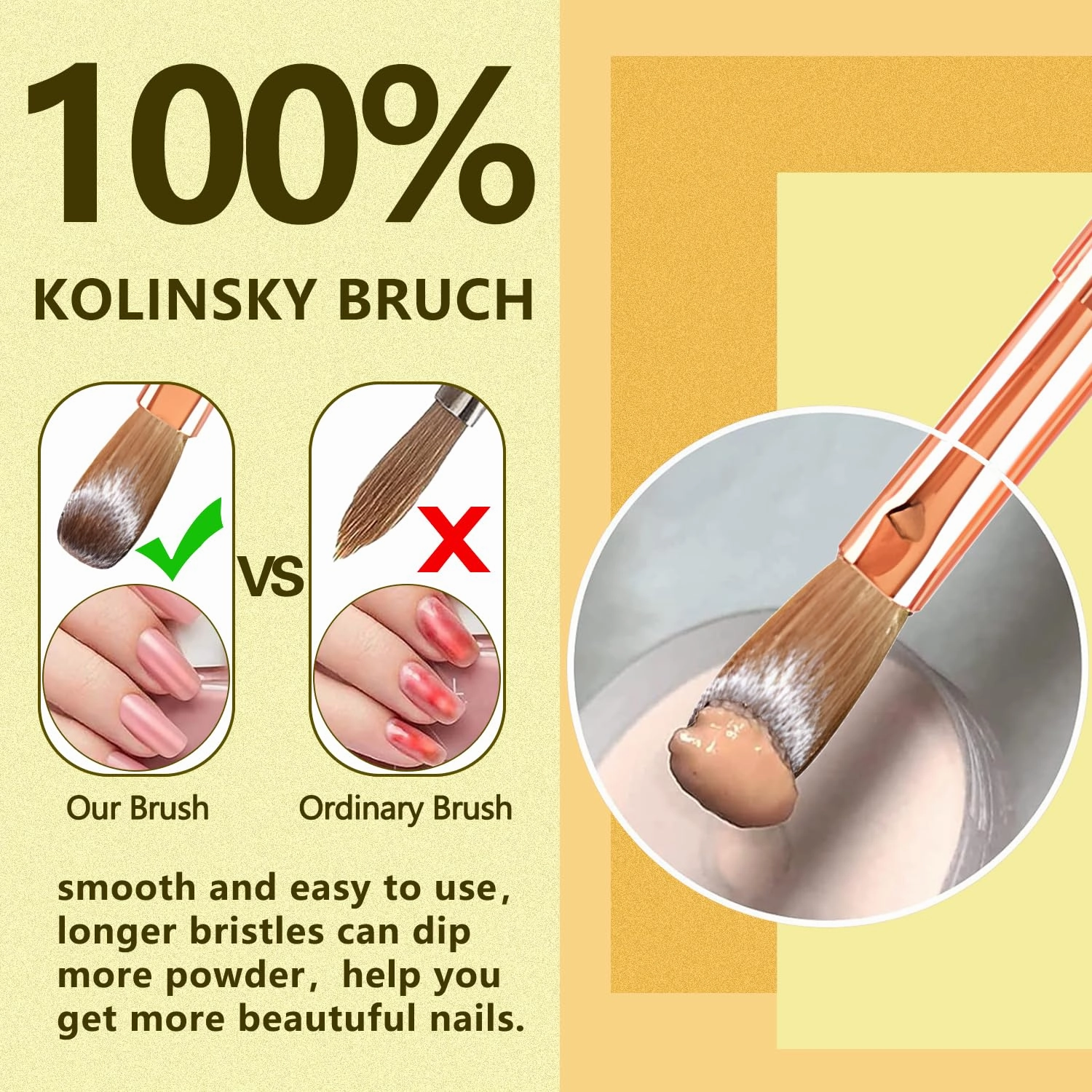 Acrylic Nail Brush Size 6, 100% Pure Kolinsky Nail Art Brushes Sturdy Handle Oval Shaped Acrylic Powder Nail Design Tools for Professional Manicure DIY Home Salon (Yellow)