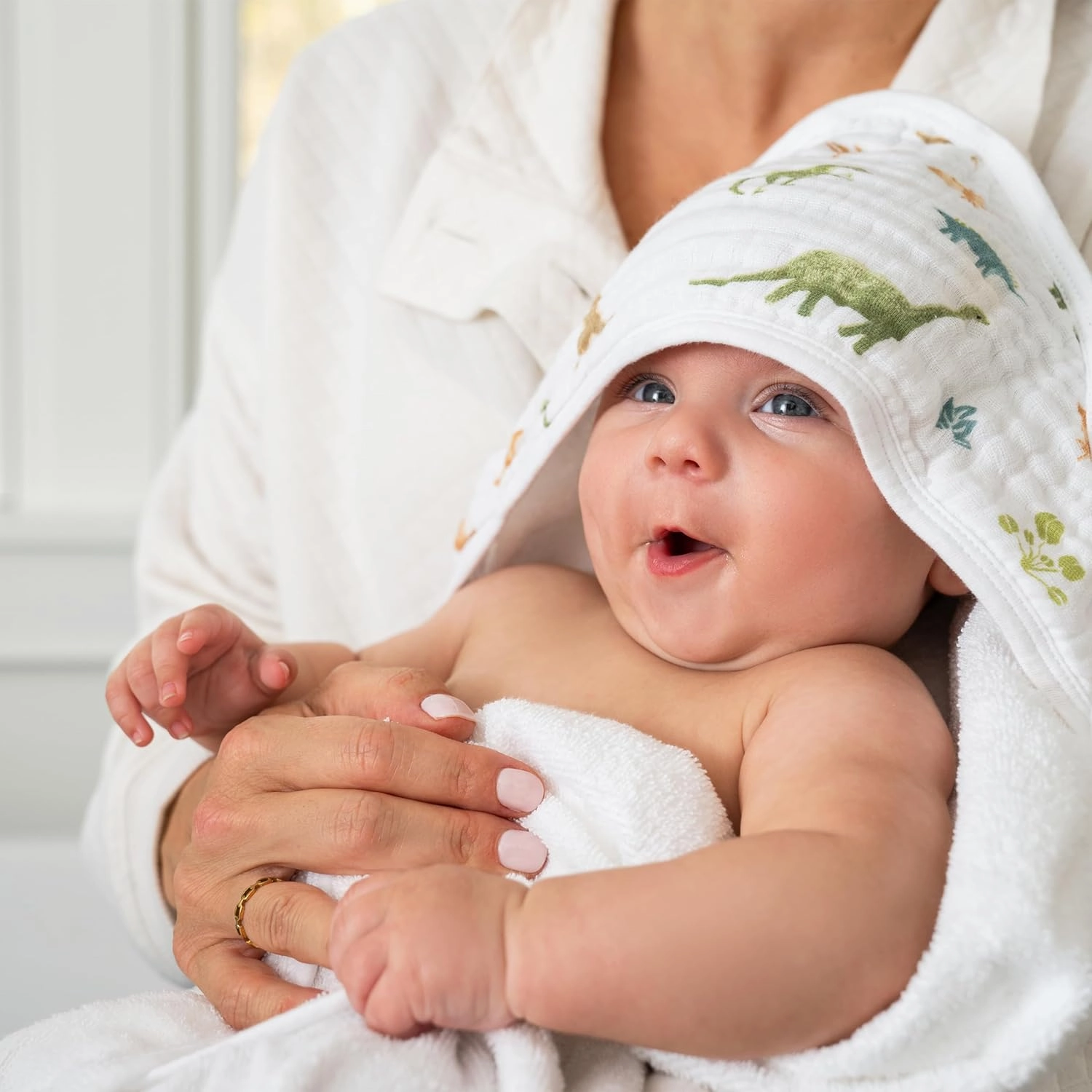 aden   anais Essentials Hooded Baby Bath Towel, Super Soft 100% Cotton, 2 Pack, Dino Jungle