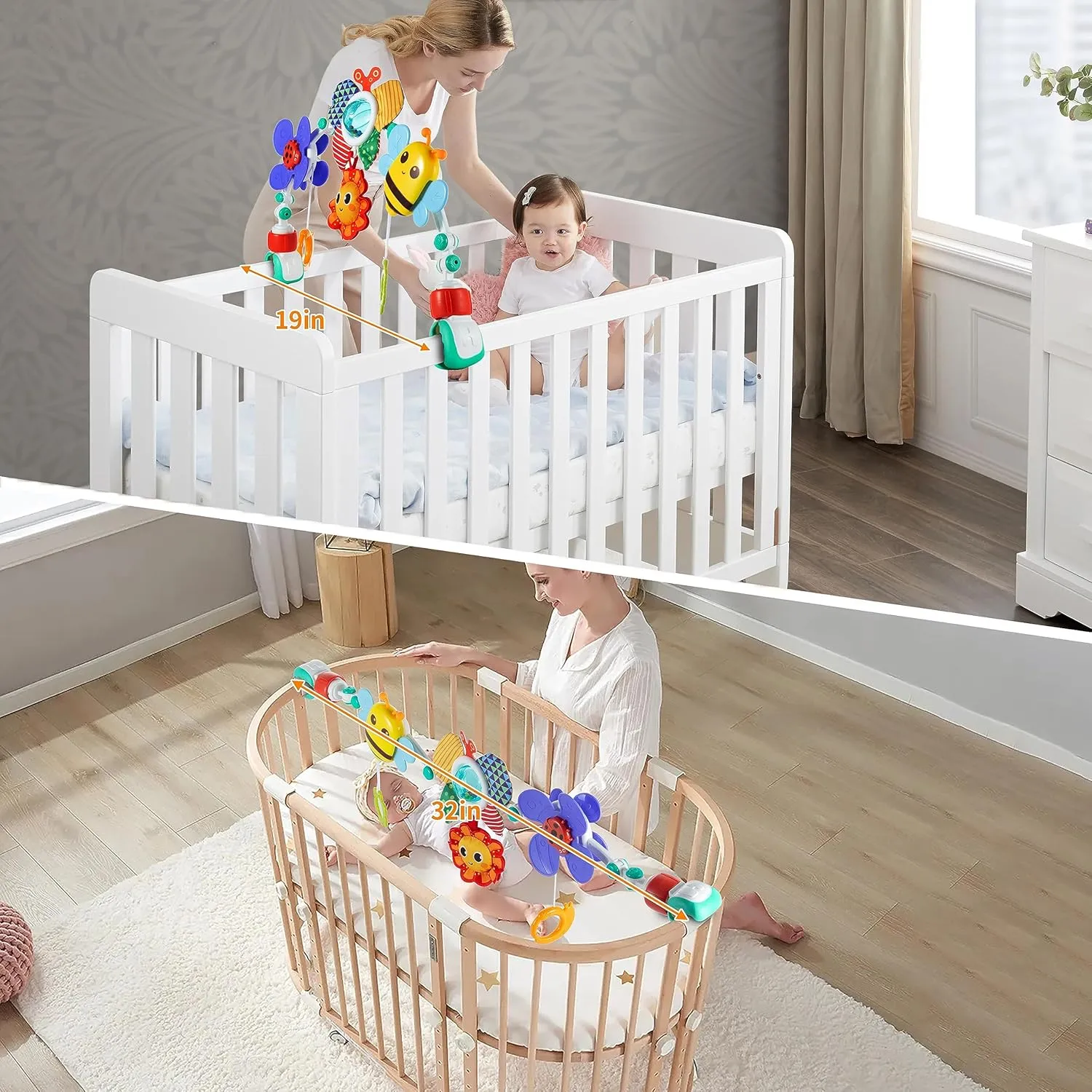 Adjustable Arch Bassinet Toys for Infant & Toddlers, Stroller Arch, Baby Crib Toys with Fascinating Hanging for Stimulating Baby’s Senses and Developing Motor Skills
