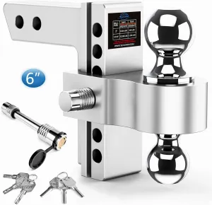 Adjustable Trailer Hitch, 6 Inch Drop Hitch Ball Mount (Fits 2-Inch Receiver), 12,500 LBS GTW, (2" & 2-5/16") Chrome Plated Steels Balls, Aluminum Tow Hitches with Two Anti-Theft Pins Locks