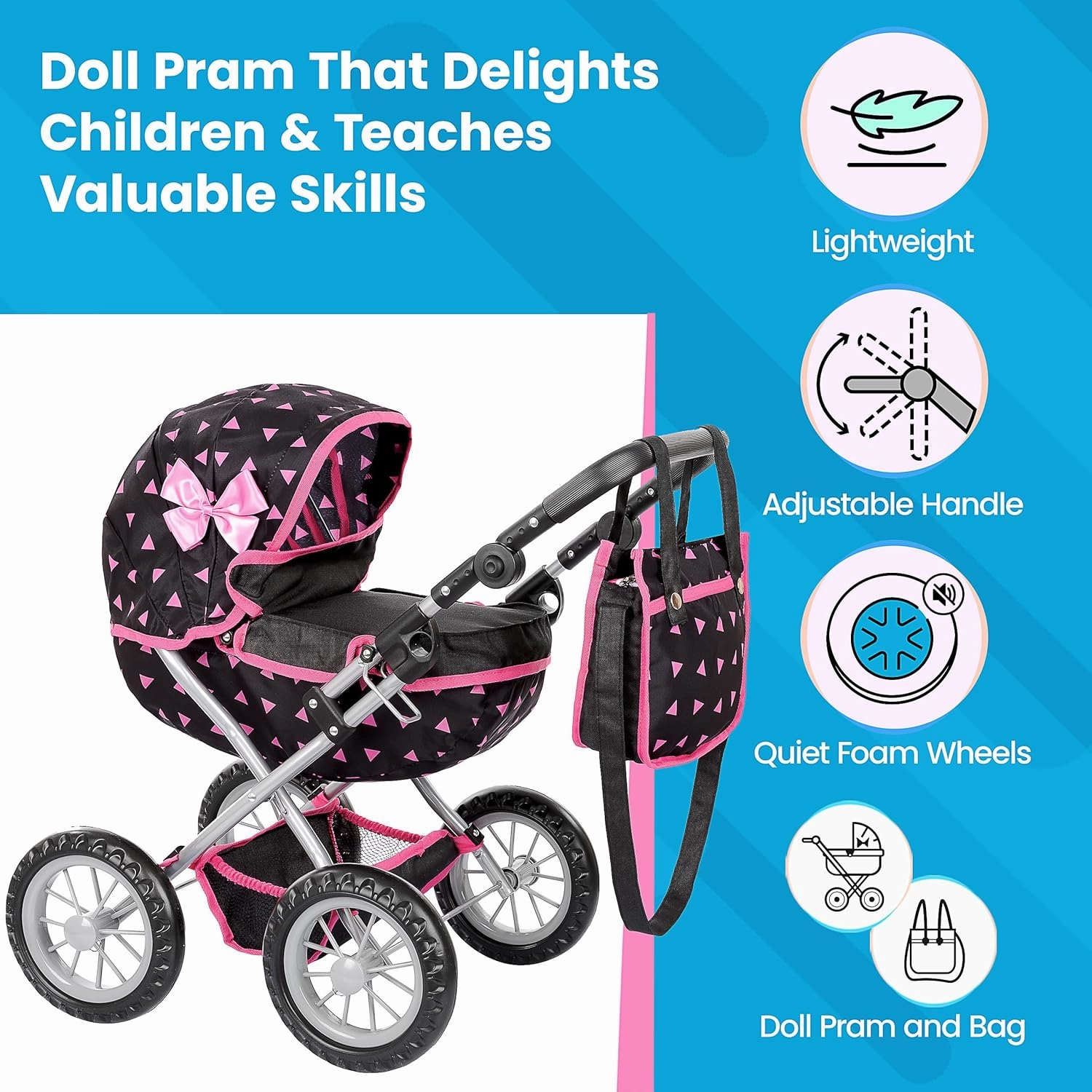 Adjustable Baby Doll Stroller Toy with Foldable Hood | Lightweight Design for Dolls Up to 16 Inches | Quiet Foam Wheels, Machine-Washable Bassinet Pram, Indoor and Outdoor Play, Model KP0262R