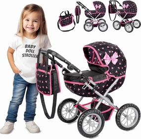 Adjustable Baby Doll Stroller Toy with Foldable Hood | Lightweight Design for Dolls Up to 16 Inches | Quiet Foam Wheels, Machine-Washable Bassinet Pram, Indoor and Outdoor Play, Model KP0262R