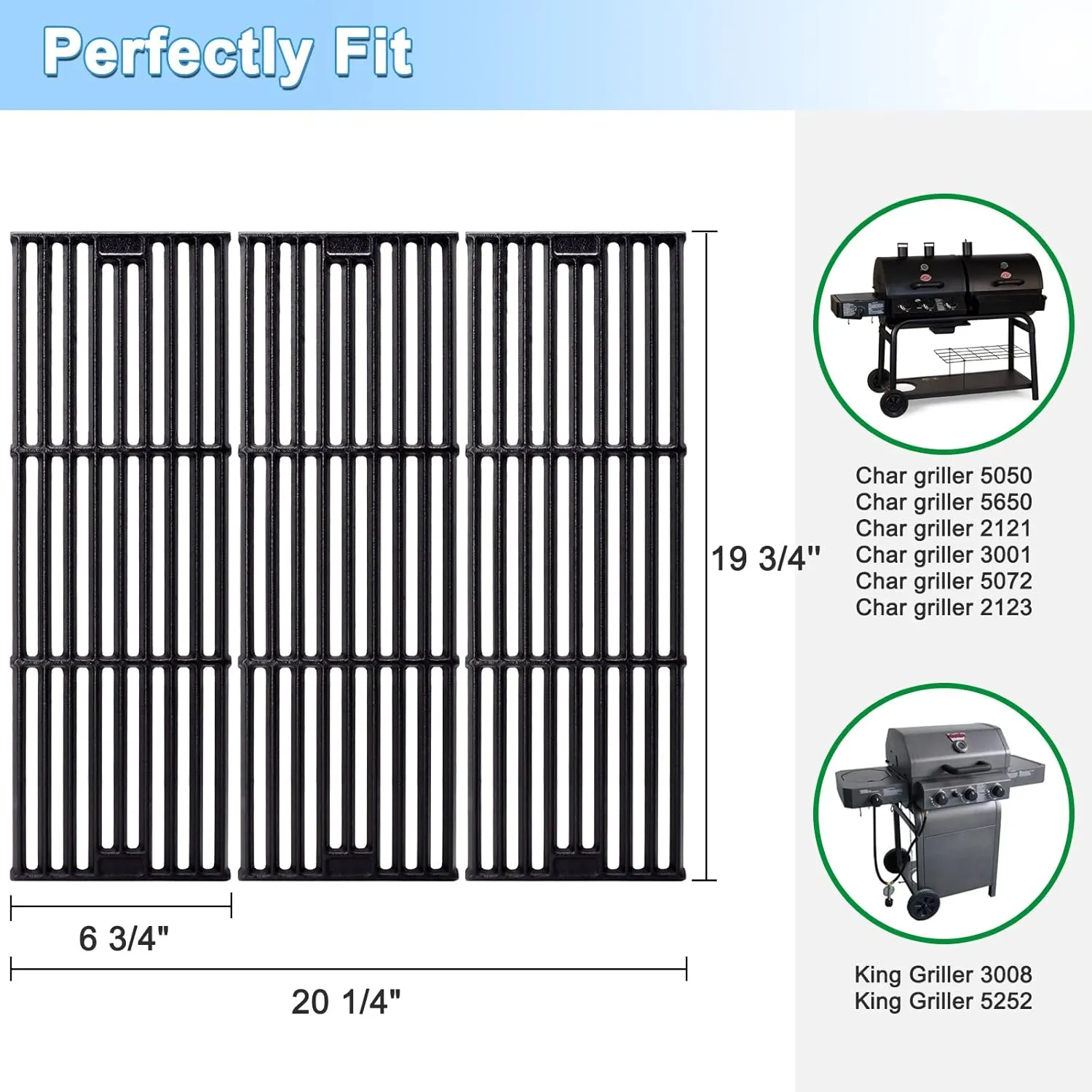Adviace Grill Grates for Char Griller 5050, 5650, 2121, 3001, 5072, 2123, 2828, 3072, 3030, 4000, King Griller 3008, 5252, 19 3/4 Inch Cast Iron Grate Grid for Char-Griller 5050 Replacement Parts.