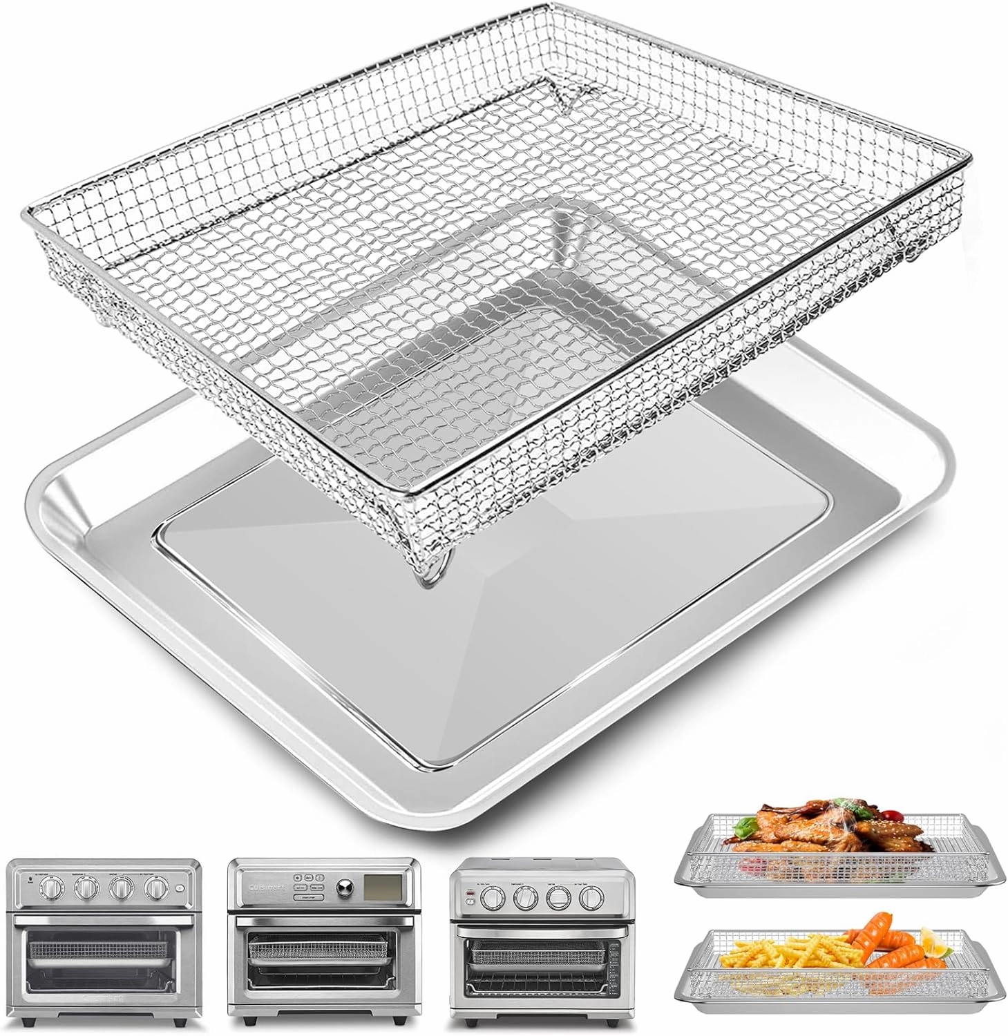 Air Fryer Basket Tray Replacement for Cuisinart TOA-60 TOA-65 TOA-70 Toaster Air Fryer Convection Oven, 12.2 * 11'' Mesh Air Fryer Steel Basket Wire Rack Accessories Parts, Dishwasher Safe
