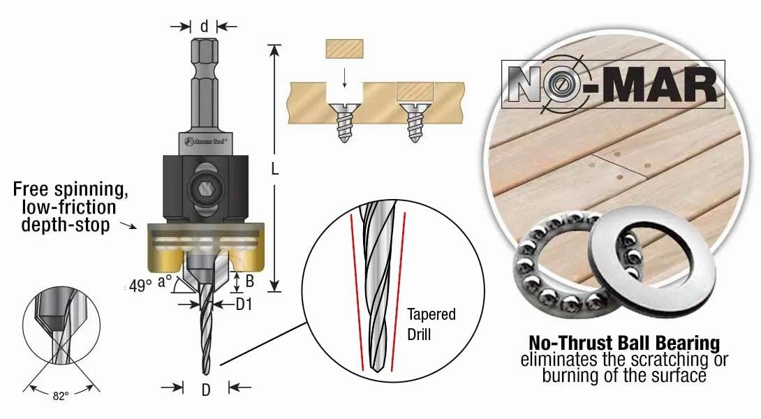 Amana Tool 55151 Carbide Tipped 82 Degree Countersink with Tapered Drill and Adjustable Depth Stop with No-Thrust BB 3/8 D x 1/8 Drill D x 1/4 Inch Quick Release Hex SHK