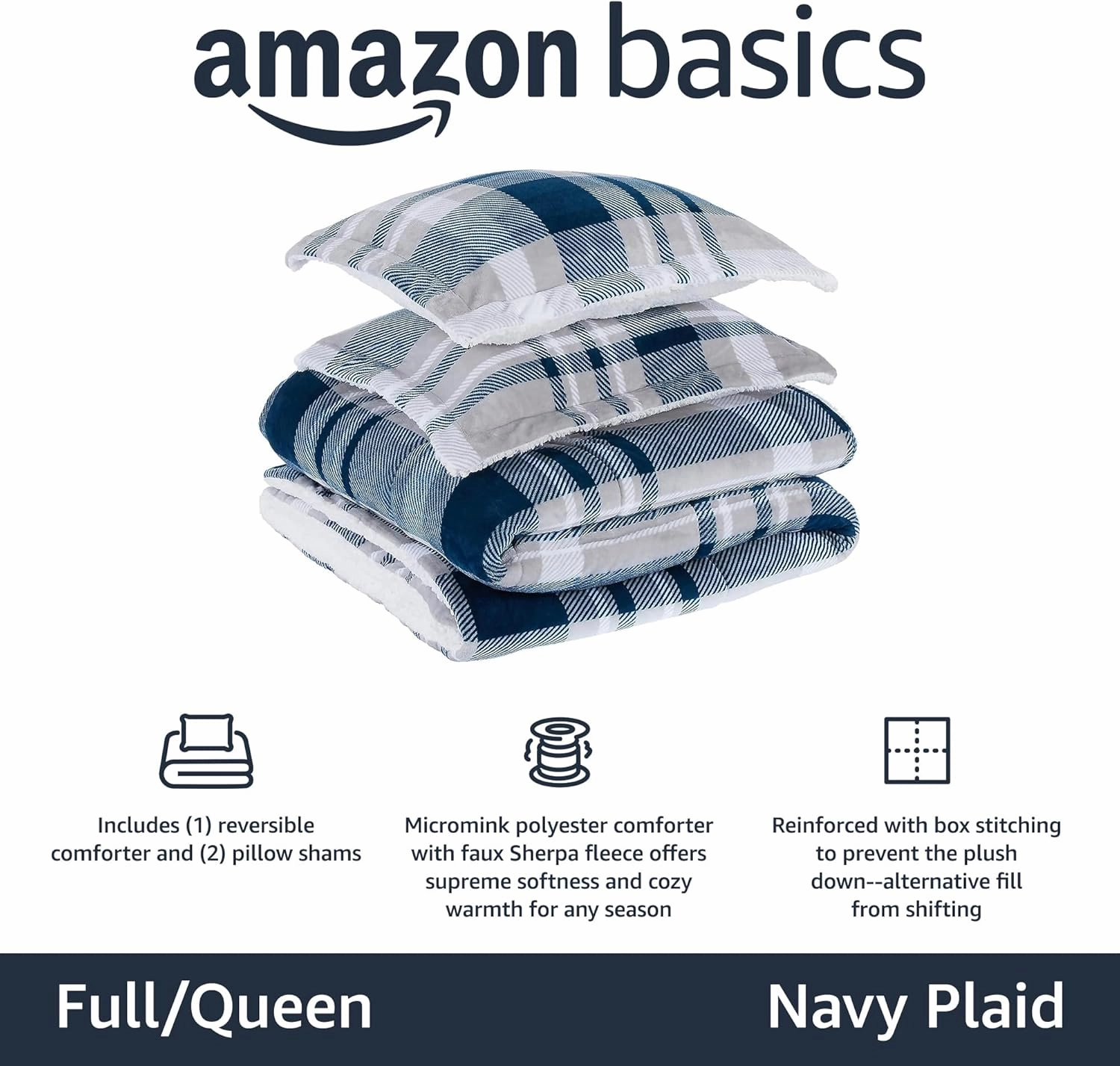 Amazon Basics 3 Piece Bedding Set, Micromink Sherpa, Ultra-Soft, Warm All Season Comforter, Full/Queen, Navy Plaid