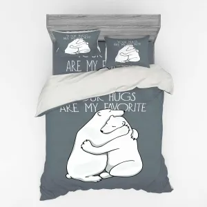 Ambesonne Bear Bedding Set, Valentines Themed Your Hugs Lettering with Hugging Arctic Polar Animals Romance, 4 Piece Duvet Cover Set with Shams and Fitted Sheet, California King, Blue Grey White