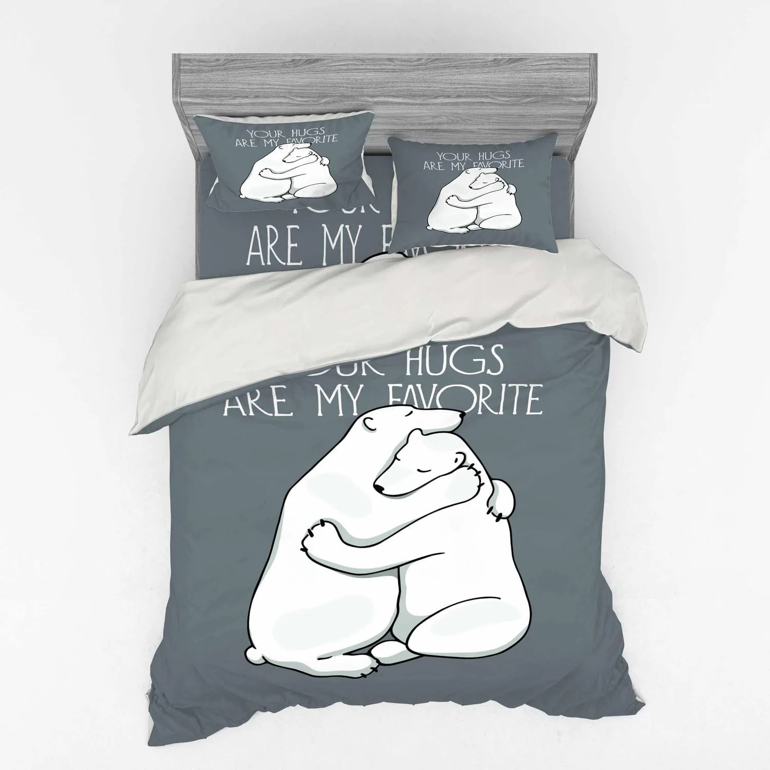 Ambesonne Bear Bedding Set, Valentines Themed Your Hugs Lettering with Hugging Arctic Polar Animals Romance, 4 Piece Duvet Cover Set with Shams and Fitted Sheet, California King, Blue Grey White