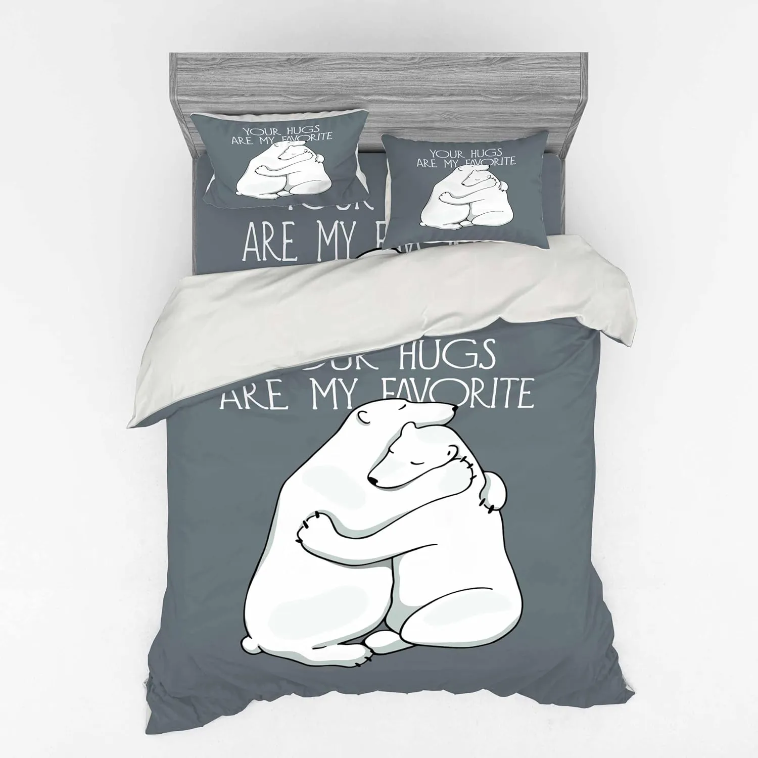 Ambesonne Bear Bedding Set, Valentines Themed Your Hugs Lettering with Hugging Arctic Polar Animals Romance, 4 Piece Duvet Cover Set with Shams and Fitted Sheet, California King, Blue Grey White