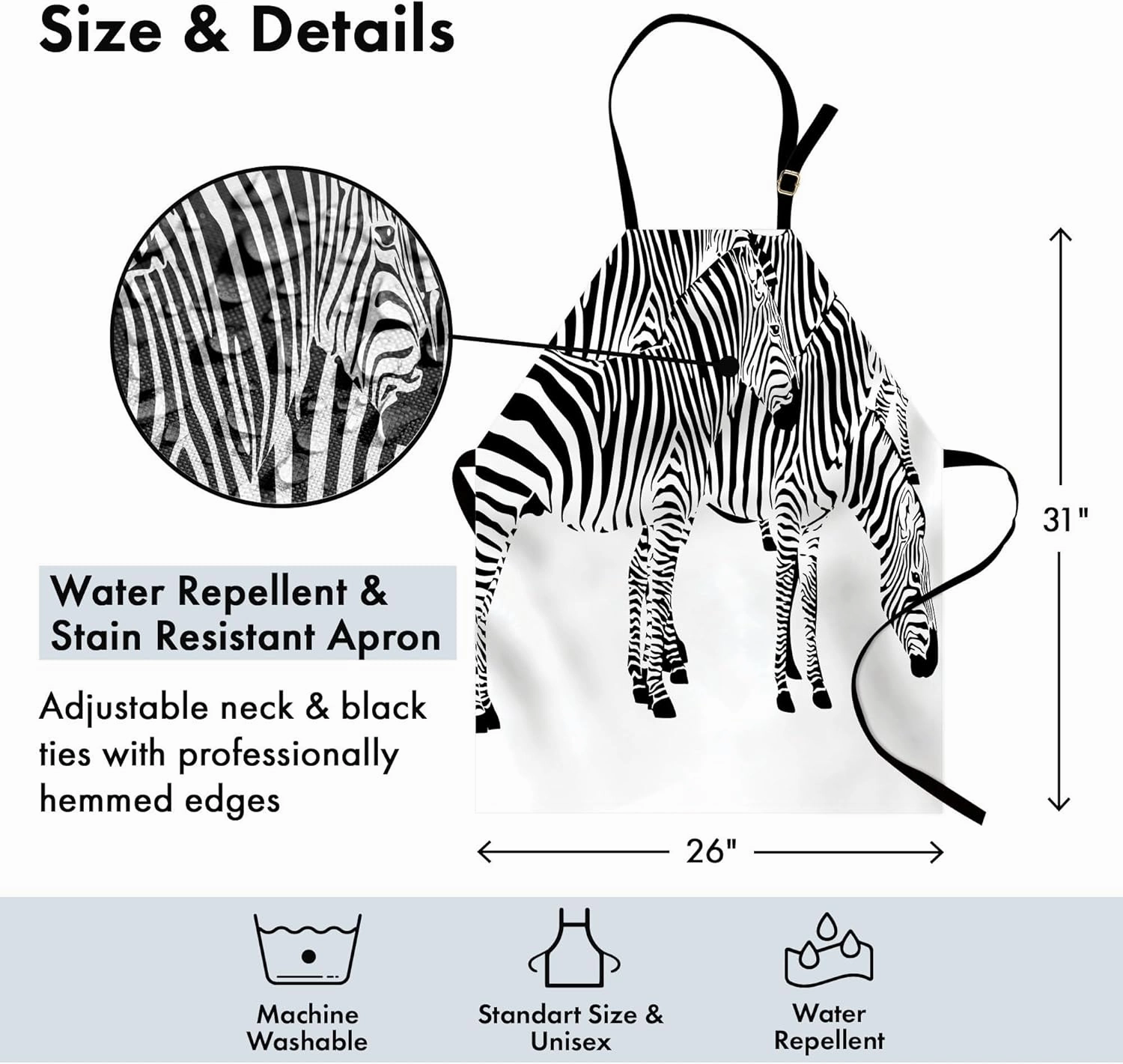 Ambesonne Savannah Apron, Zebra Animals Skin Print with Stripes Jungle Wildlife Monochrome Illustration Art, Unisex Kitchen Bib with Adjustable Neck for Cooking Gardening, Adult Size, White and Black