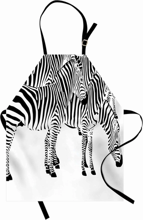 Ambesonne Savannah Apron, Zebra Animals Skin Print with Stripes Jungle Wildlife Monochrome Illustration Art, Unisex Kitchen Bib with Adjustable Neck for Cooking Gardening, Adult Size, White and Black