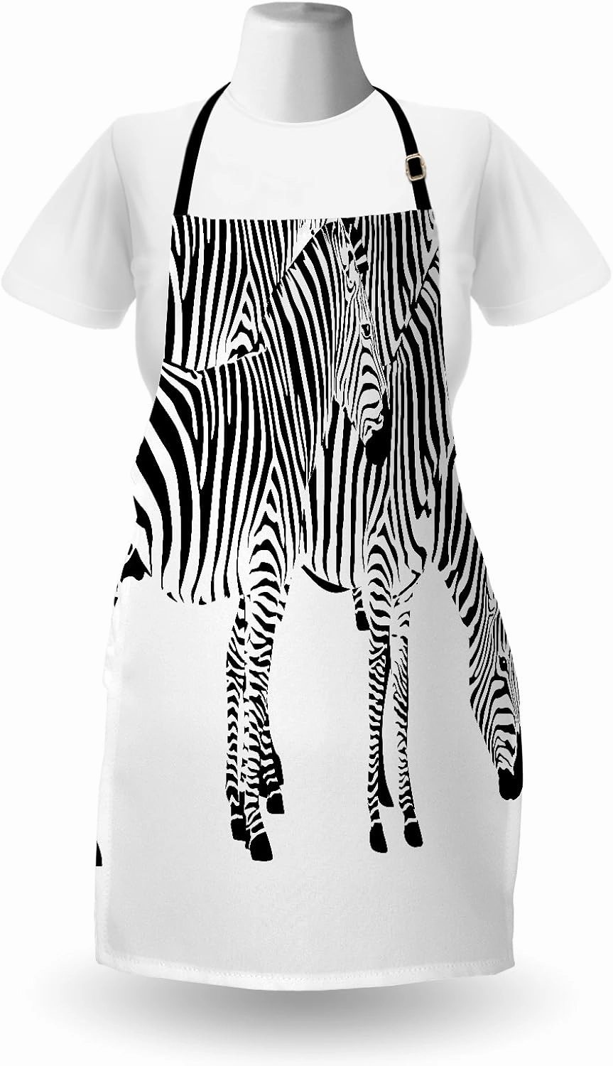 Ambesonne Savannah Apron, Zebra Animals Skin Print with Stripes Jungle Wildlife Monochrome Illustration Art, Unisex Kitchen Bib with Adjustable Neck for Cooking Gardening, Adult Size, White and Black