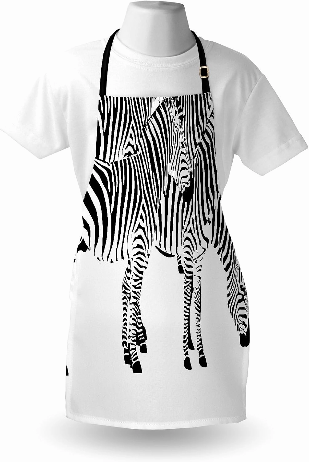 Ambesonne Savannah Apron, Zebra Animals Skin Print with Stripes Jungle Wildlife Monochrome Illustration Art, Unisex Kitchen Bib with Adjustable Neck for Cooking Gardening, Adult Size, White and Black
