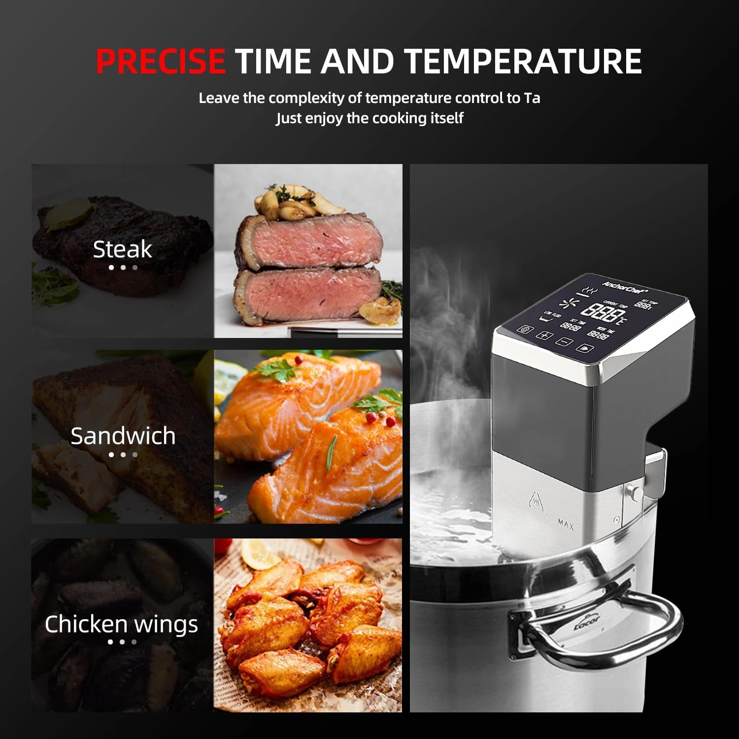 AnchorChef Immersion Circulator, Commercial Restaurant Sous Vide Machine，Large capacity sous vide, Fast-Heating，Sous vide cooker 1400W，With large Touchscreen Accurate Temperature Timer (110V)