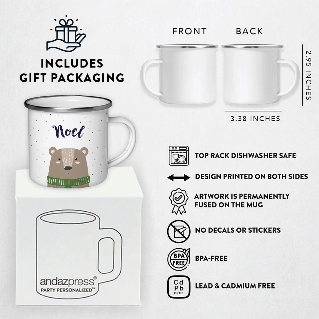 Andaz Press Personalized 11oz. Christmas Hot Chocolate Stainless Steel Campfire Coffee Mug Gift, Brown Bear, 1-Pack, Custom Name Enamel Metal Camp Cup, Includes Gift Box Hot Cocoa Mugs For Kids