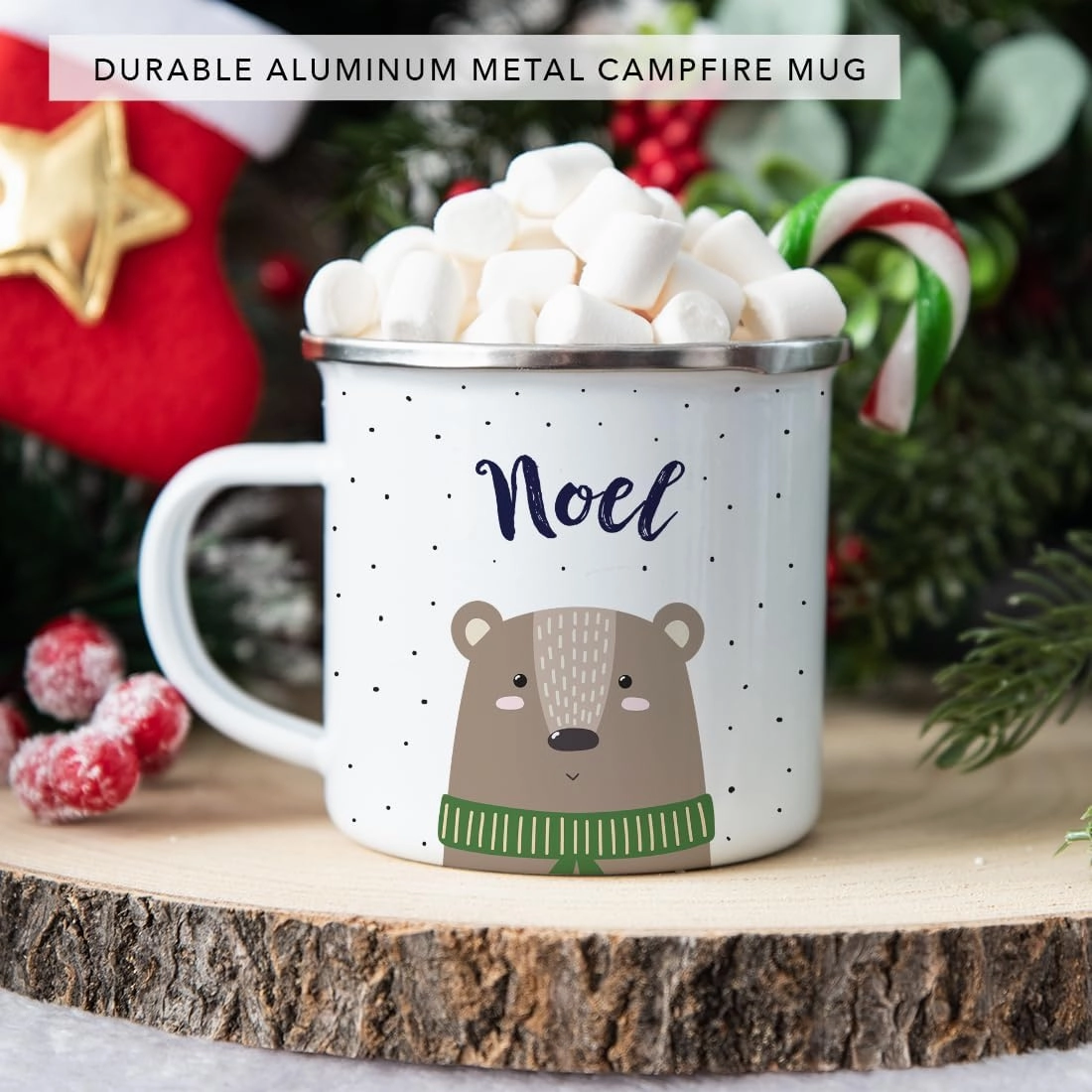 Andaz Press Personalized 11oz. Christmas Hot Chocolate Stainless Steel Campfire Coffee Mug Gift, Brown Bear, 1-Pack, Custom Name Enamel Metal Camp Cup, Includes Gift Box Hot Cocoa Mugs For Kids