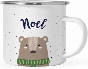 Andaz Press Personalized 11oz. Christmas Hot Chocolate Stainless Steel Campfire Coffee Mug Gift, Brown Bear, 1-Pack, Custom Name Enamel Metal Camp Cup, Includes Gift Box Hot Cocoa Mugs For Kids