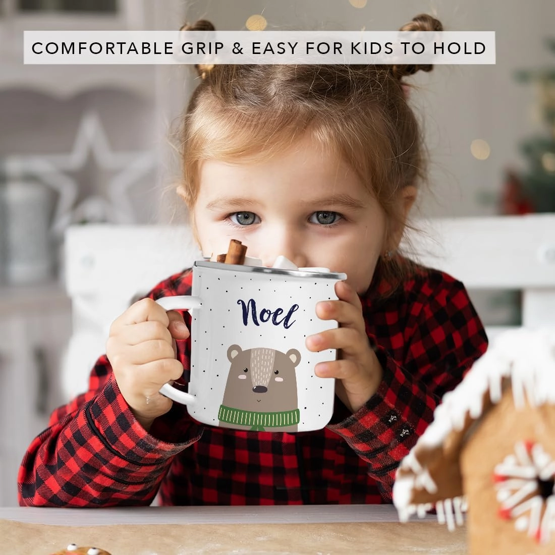 Andaz Press Personalized 11oz. Christmas Hot Chocolate Stainless Steel Campfire Coffee Mug Gift, Brown Bear, 1-Pack, Custom Name Enamel Metal Camp Cup, Includes Gift Box Hot Cocoa Mugs For Kids