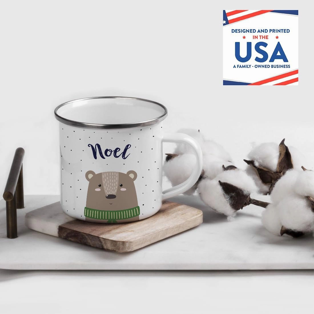 Andaz Press Personalized 11oz. Christmas Hot Chocolate Stainless Steel Campfire Coffee Mug Gift, Brown Bear, 1-Pack, Custom Name Enamel Metal Camp Cup, Includes Gift Box Hot Cocoa Mugs For Kids