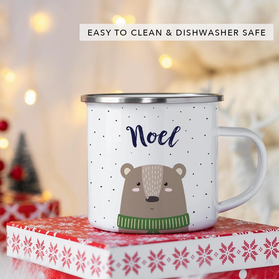 Andaz Press Personalized 11oz. Christmas Hot Chocolate Stainless Steel Campfire Coffee Mug Gift, Brown Bear, 1-Pack, Custom Name Enamel Metal Camp Cup, Includes Gift Box Hot Cocoa Mugs For Kids