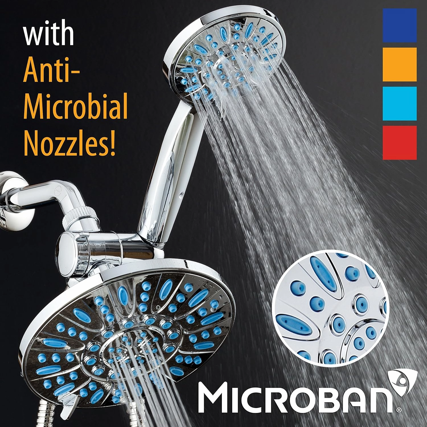 Antimicrobial/Anti-Clog High-Pressure 30-setting Rainfall Shower Combo by AquaDance with Microban Nozzle Protection from Growth of Mold Mildew & Bacteria for Stronger Shower! Wave Blue