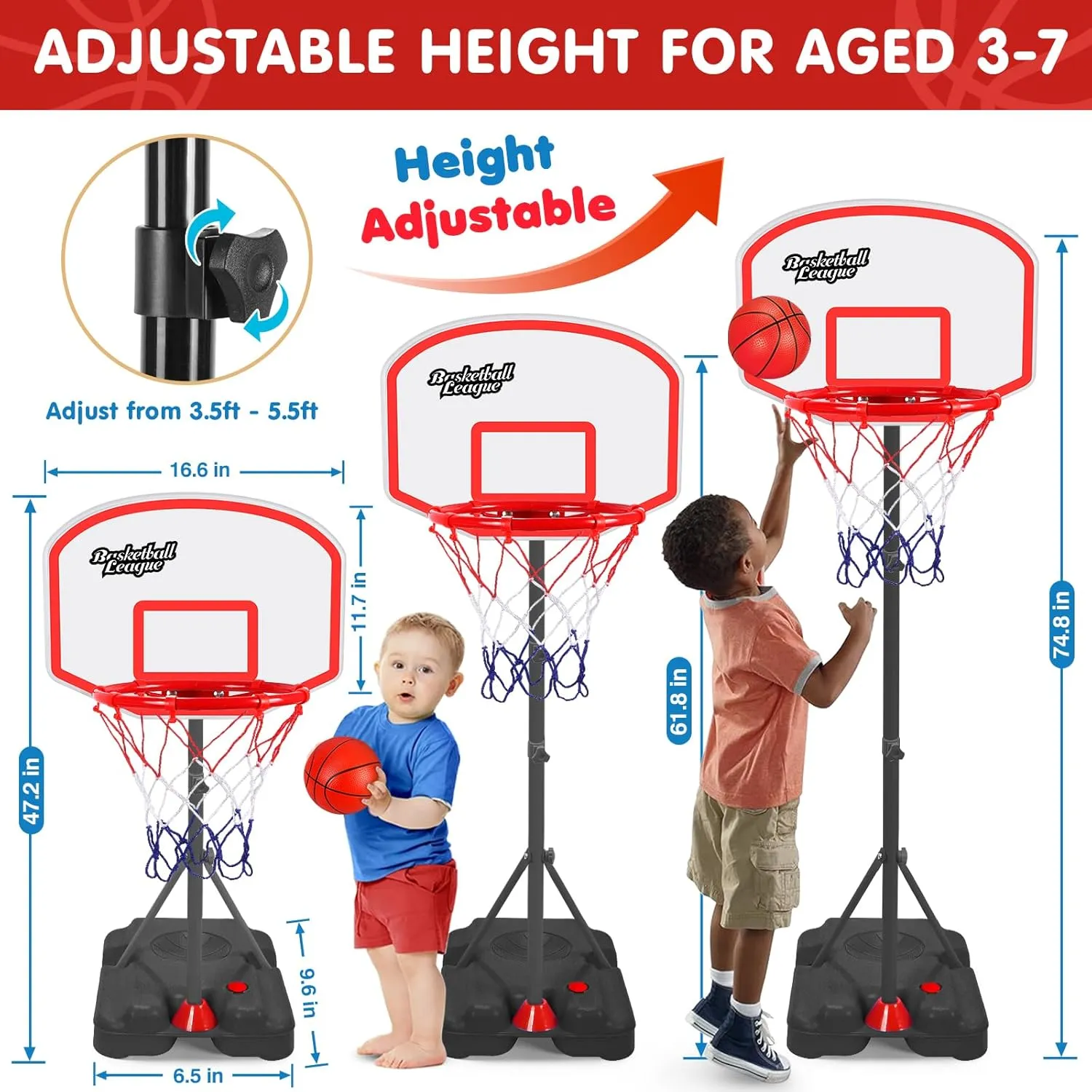 AOKESI Kids Basketball Hoop Stand，Adjustable Height Basketball Set 3.5ft-5.5ft，Portable Basketball Goals for Indoor Outdoor Play, Toddler Sports Toys for 3-8 Years Old（Black）