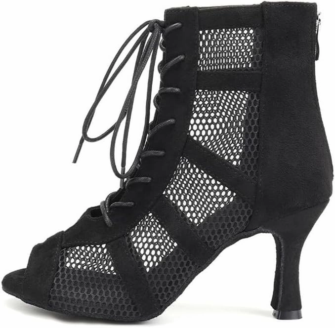 AOQUNFS Dance Heels for Women Mesh Ballroom Dance Booties Lace Up Dance Ankle Boots with Zipper