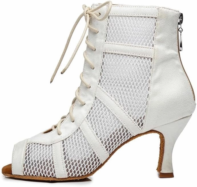 AOQUNFS Dance Heels for Women Mesh Ballroom Dance Booties Lace Up Dance Ankle Boots with Zipper
