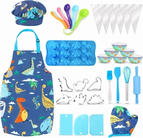 Aoskie Kids Baking Set with Dinosaur Apron and Chef Hat, Cooking Chef Set Baking Supplies Dress Up Role Play Toys Gift for 3-8 Years Old