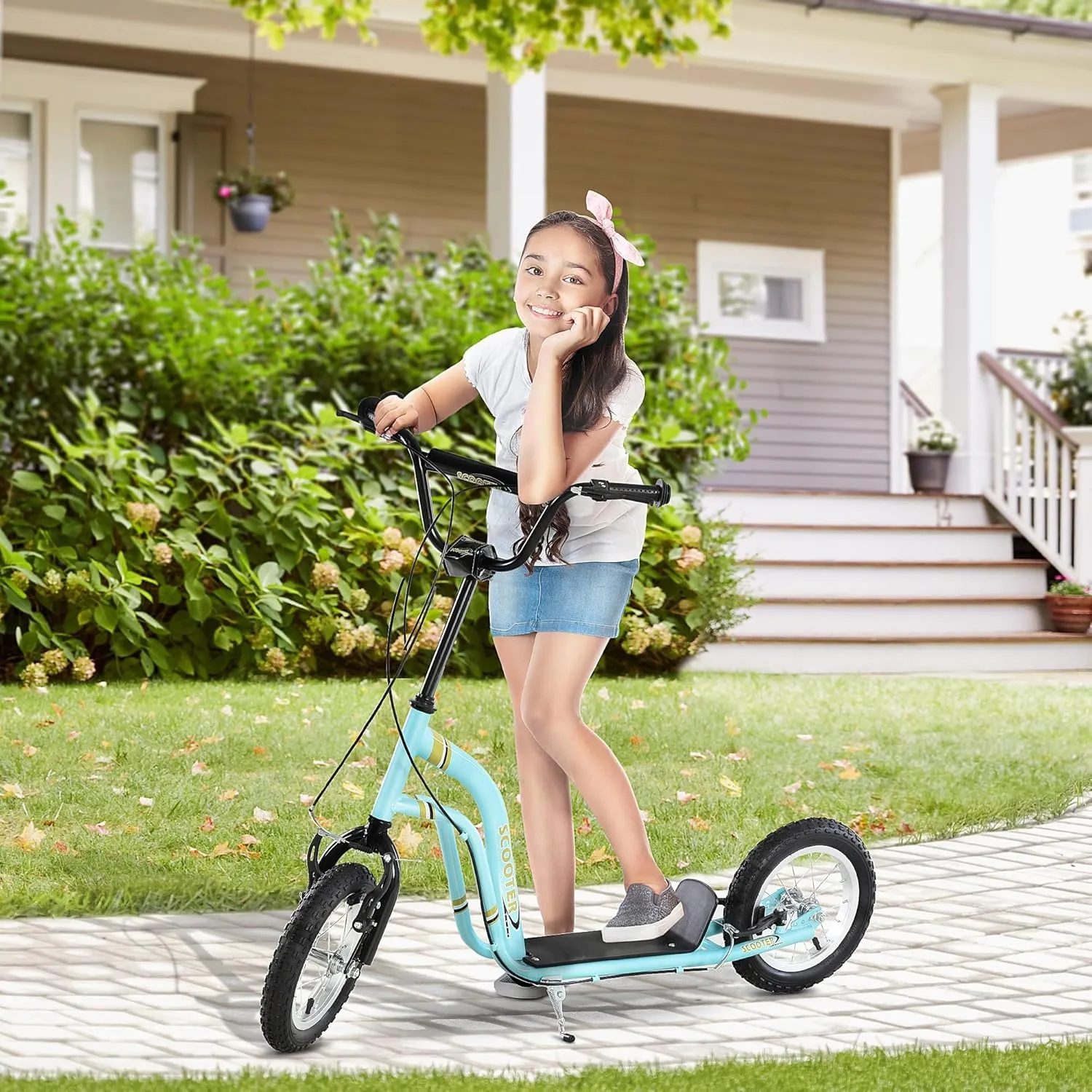 Aosom Youth Scooter Front and Rear Caliper Dual Brakes 12-Inch Inflatable Front Wheel Ride On Toy for Age 5 
